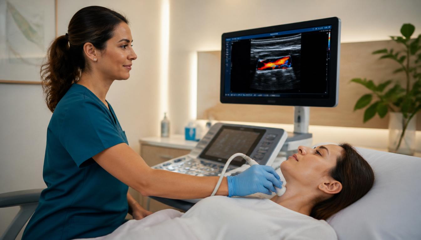 Ultrasound technician performing a carotid artery scan on a patient